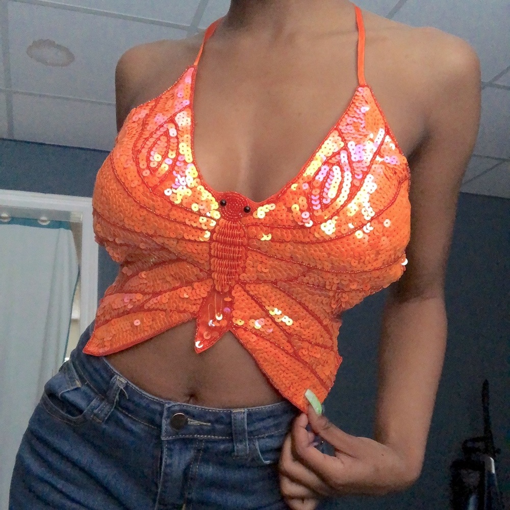 Sequin Butterfly orange top